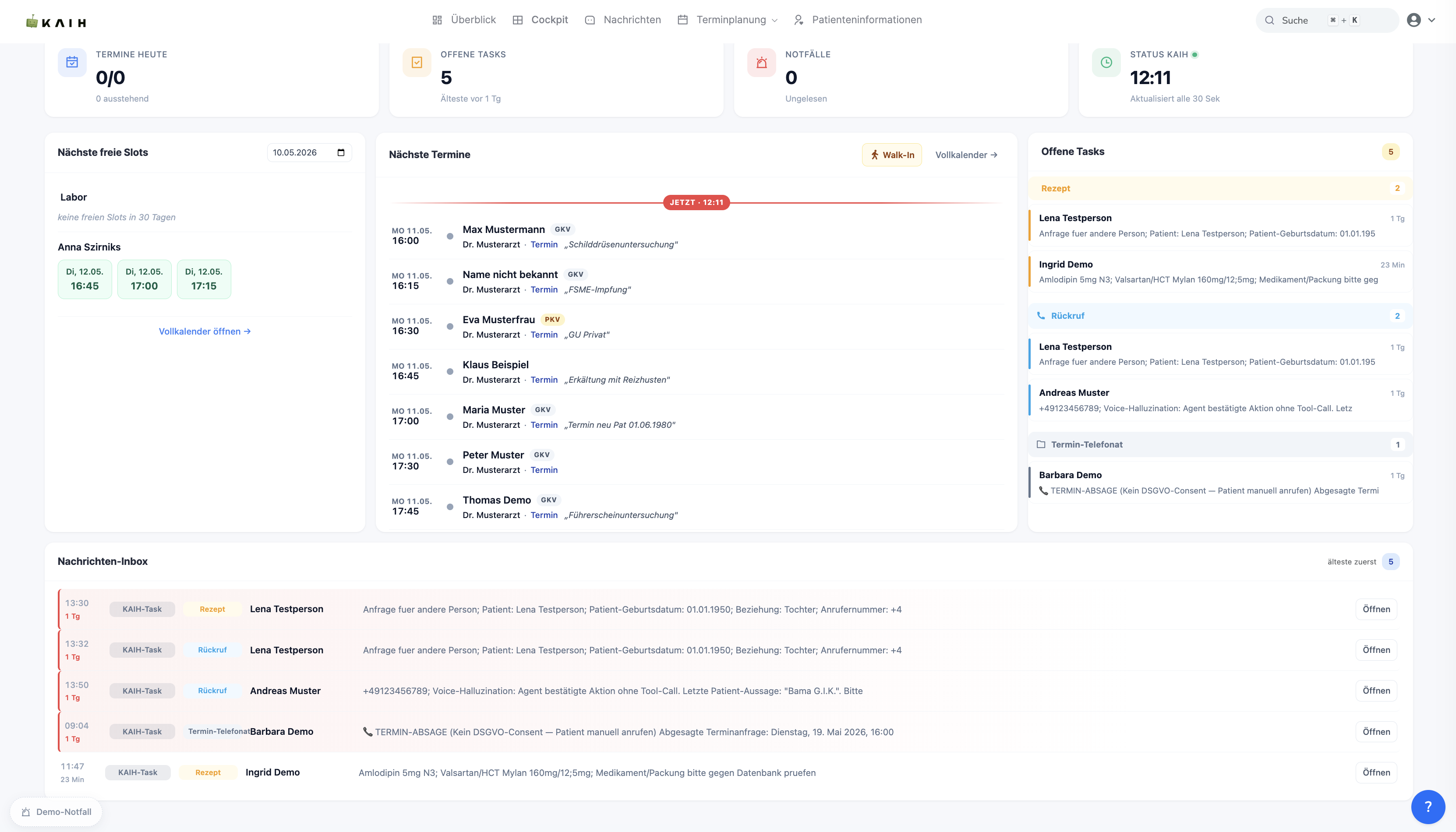 KAIH Dashboard &mdash; &Uuml;bersicht aller Patientenaufgaben wie Anfragen, Dokumente und Termine
